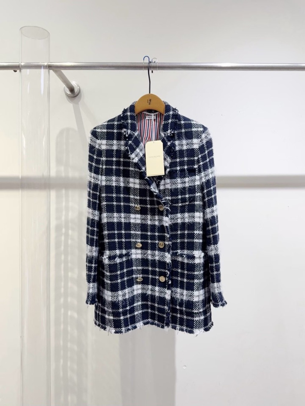 Thom Browne Navy and White Plaid Double-Breasted Blazer